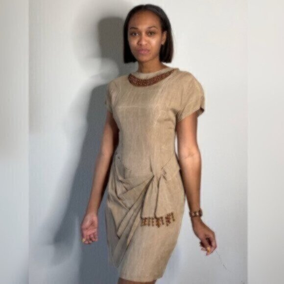 Scarlett Rare 70s Vintage Tigh Length Faux Wrap Beaded Ruching Dress - Picture 2 of 14